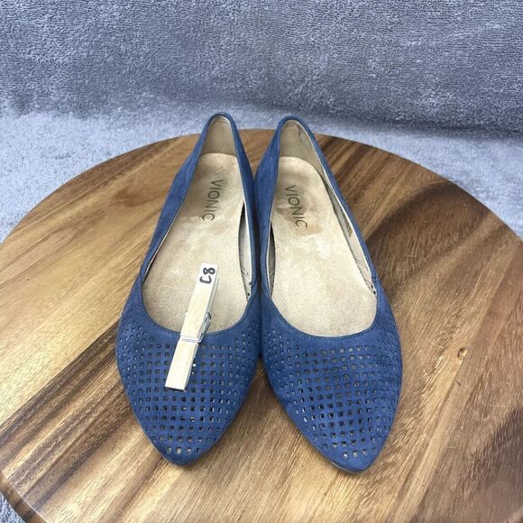 Vionic Posey Perforated Suede Pointed Toe Flat Blue Comfort Women's Size 5 - Picture 8 of 8